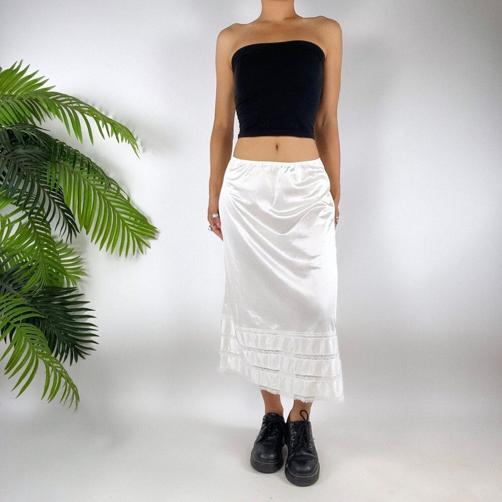 Vintage 90s White Coquette Cottagecore Angelcore Midi Lace Half Slip Skirt / M